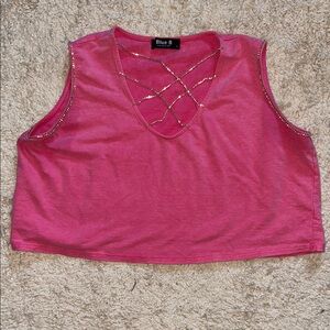 Pink Sleeveless Rhinestone Crop Top
